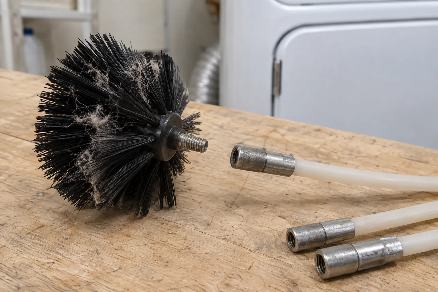 A black vent brush separated from a threaded rod connector, with two rod sections beside it