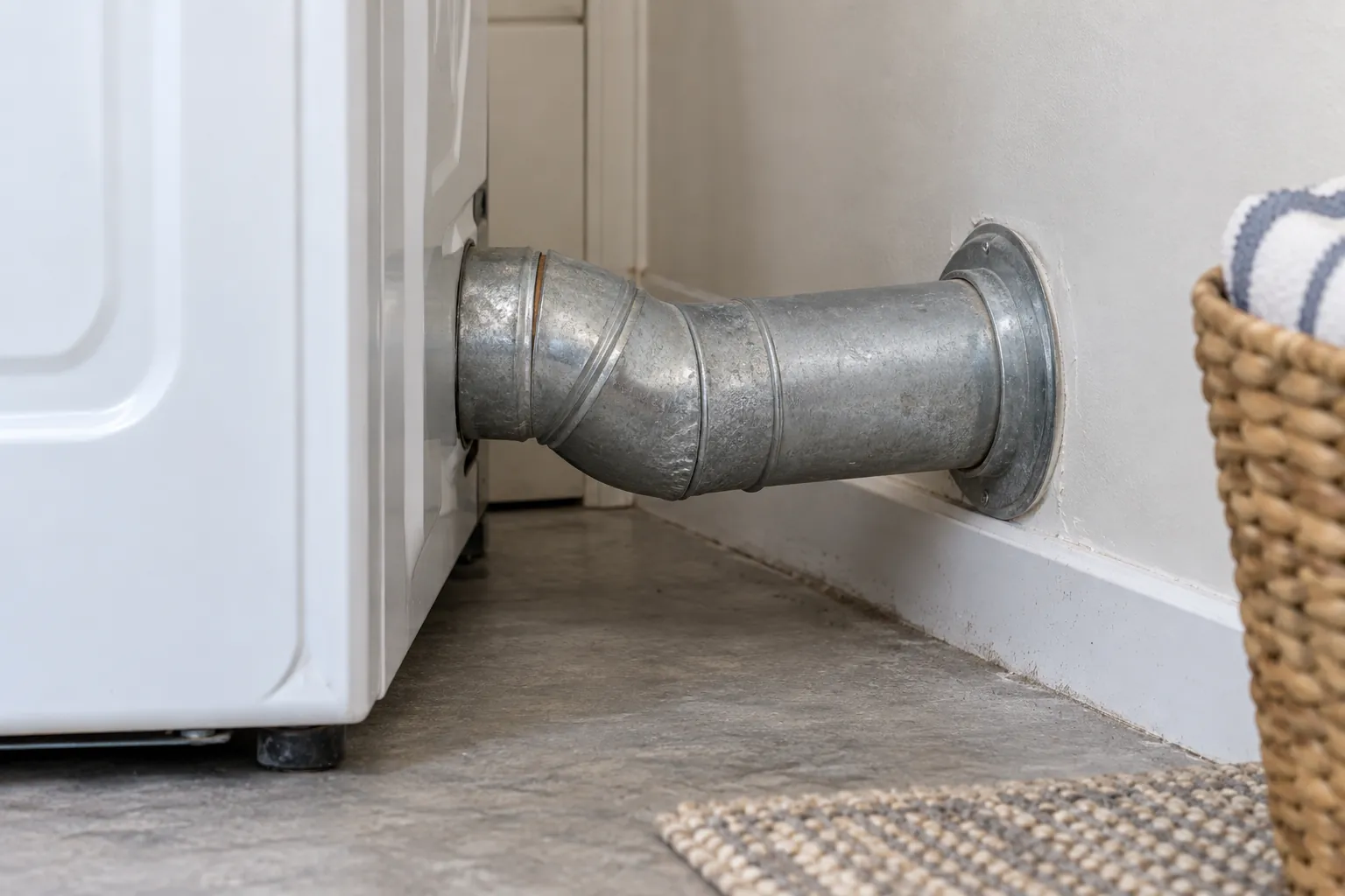 A short metal exhaust connection between the back of a dryer and a low wall opening