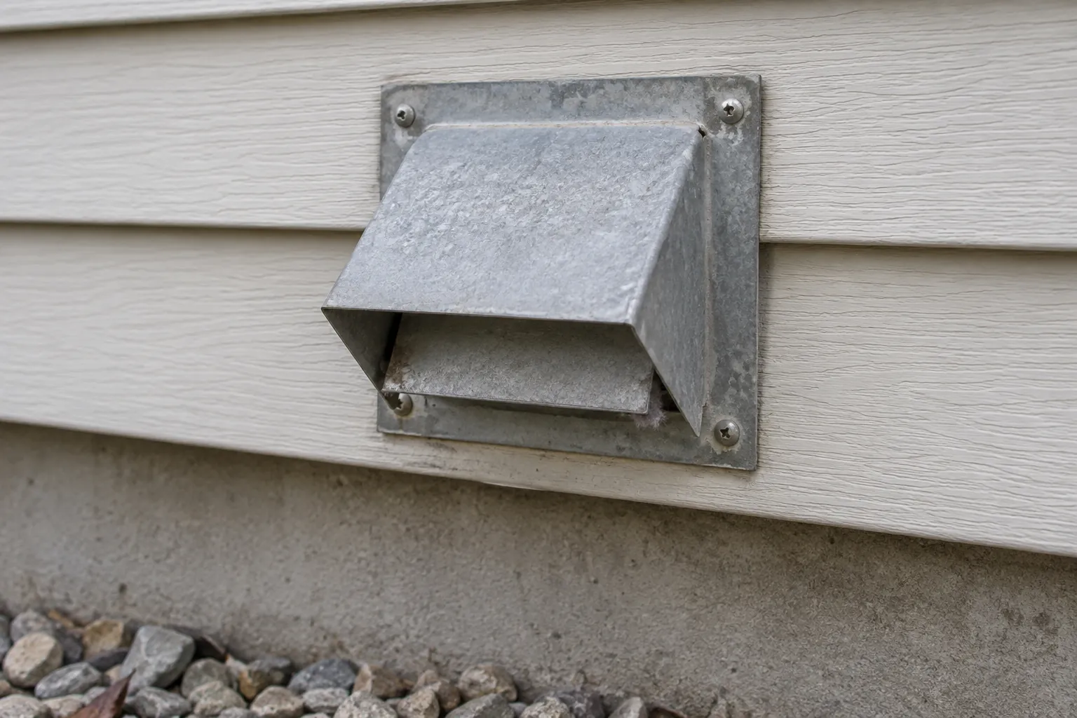 A small metal dryer exhaust hood mounted low on exterior siding above a gravel border