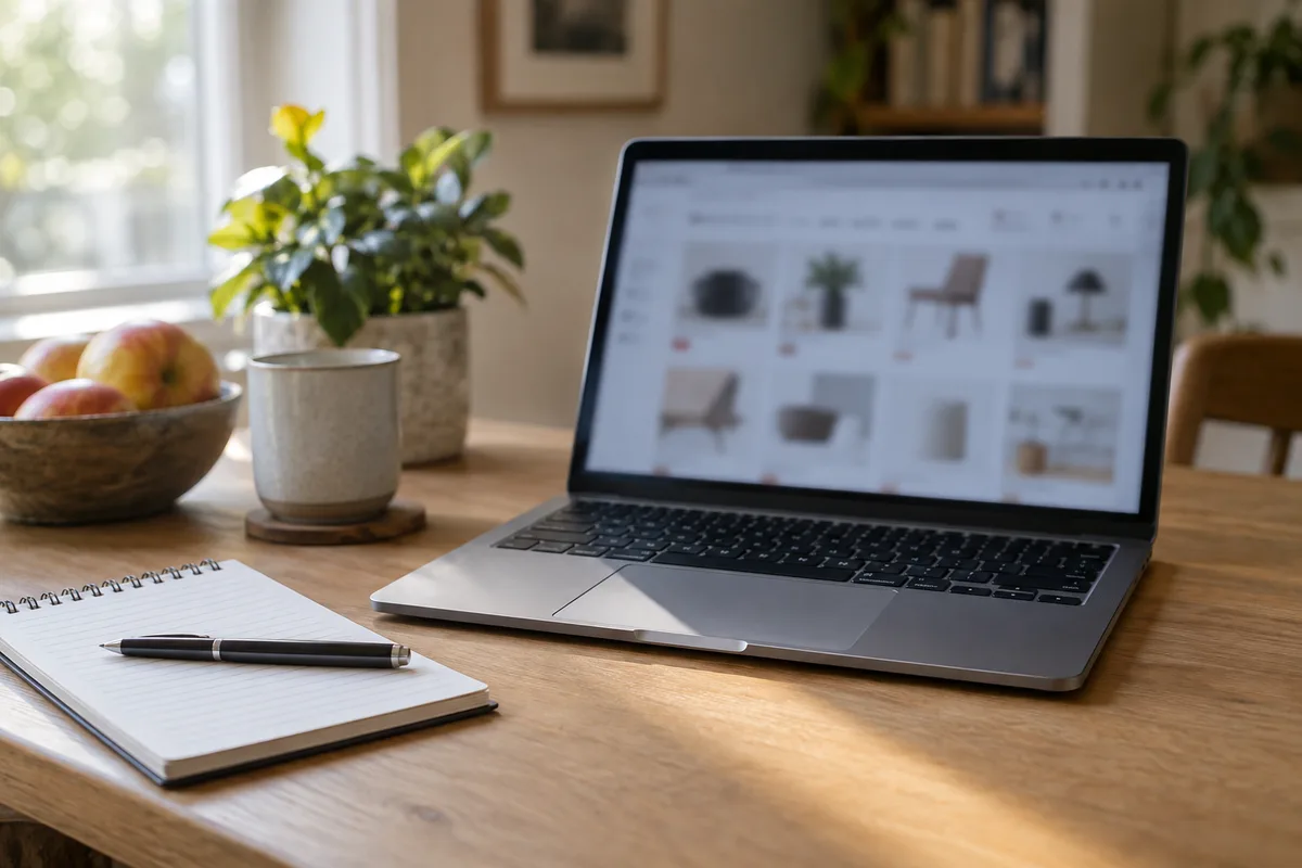 Laptop and notebook on a home desk, with a shopping page softly out of focus.