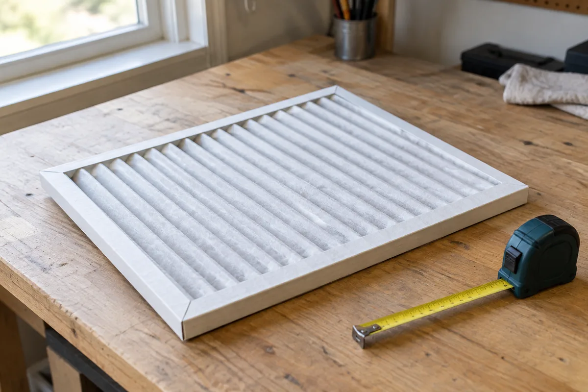 Pleated air filter and measuring tape on a workbench.