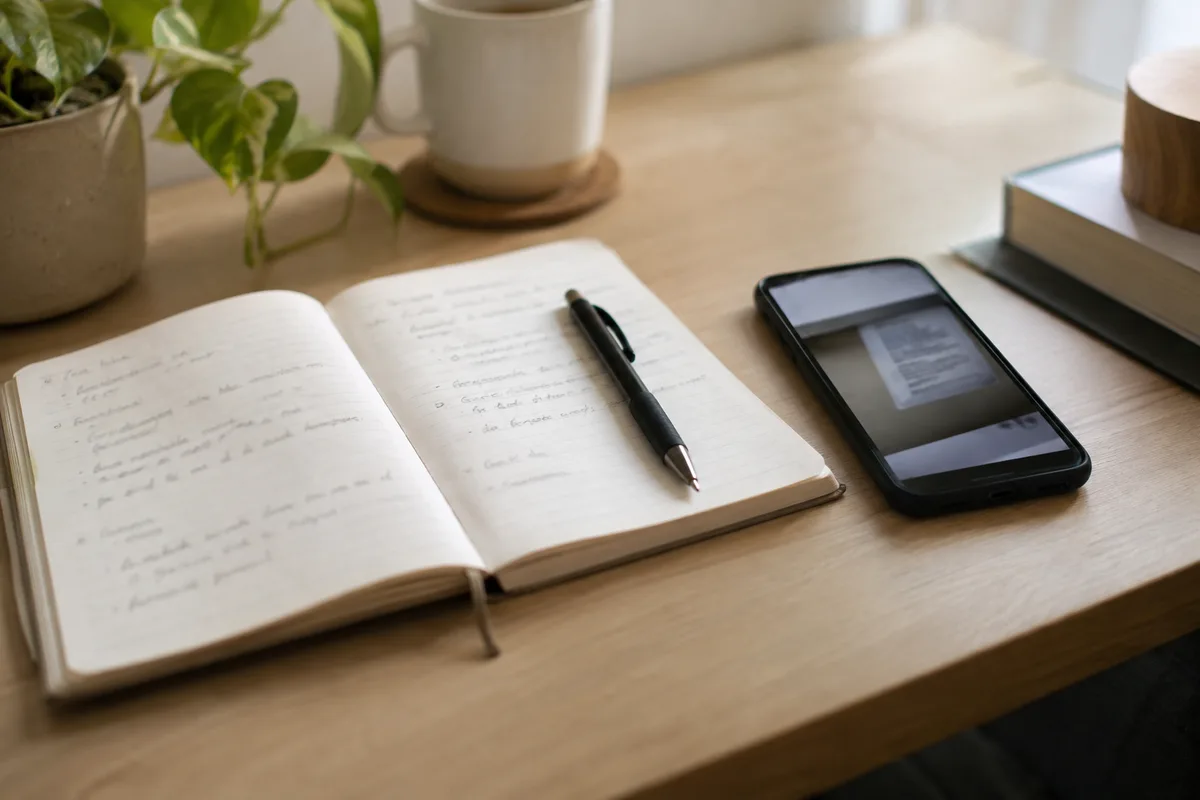 Maintenance notebook and pen beside a phone showing an appliance label.