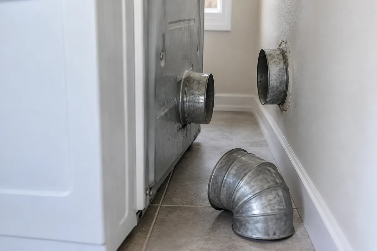 Space between a dryer exhaust port and an offset wall opening, with metal fittings disconnected.