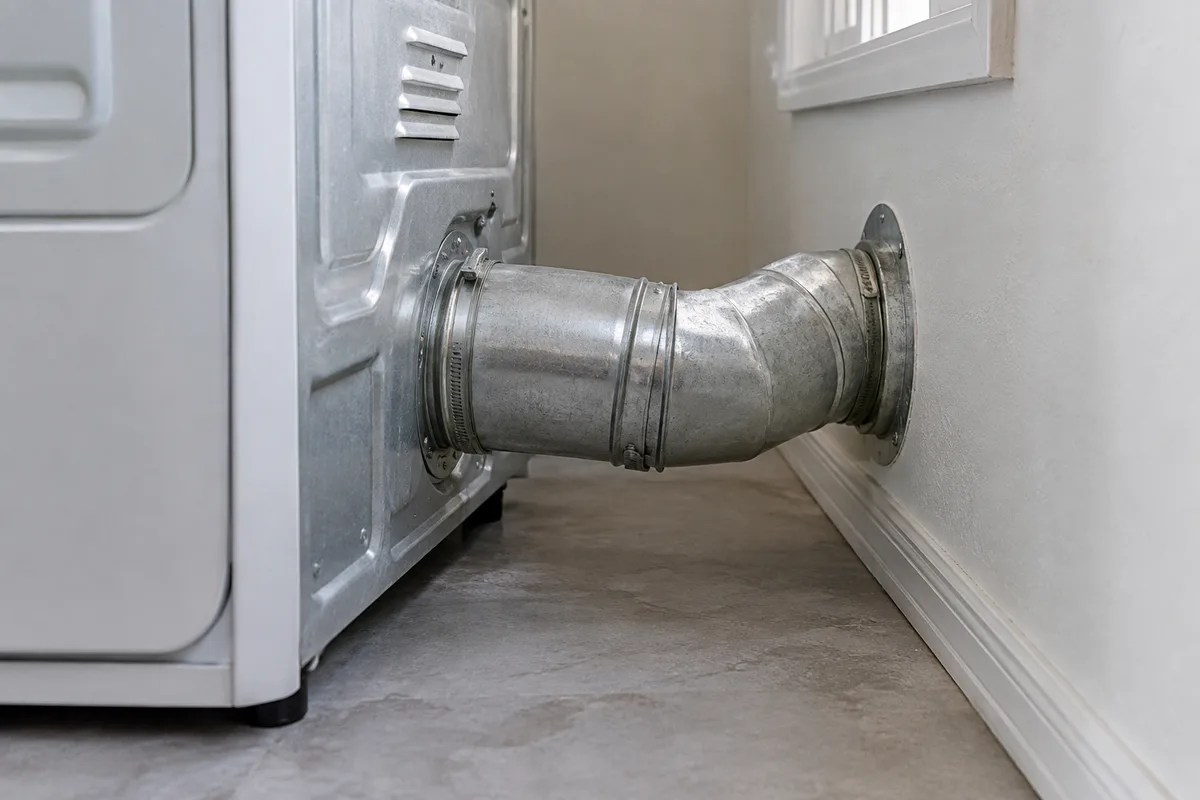 Metal exhaust connection behind a dryer in a home laundry room.