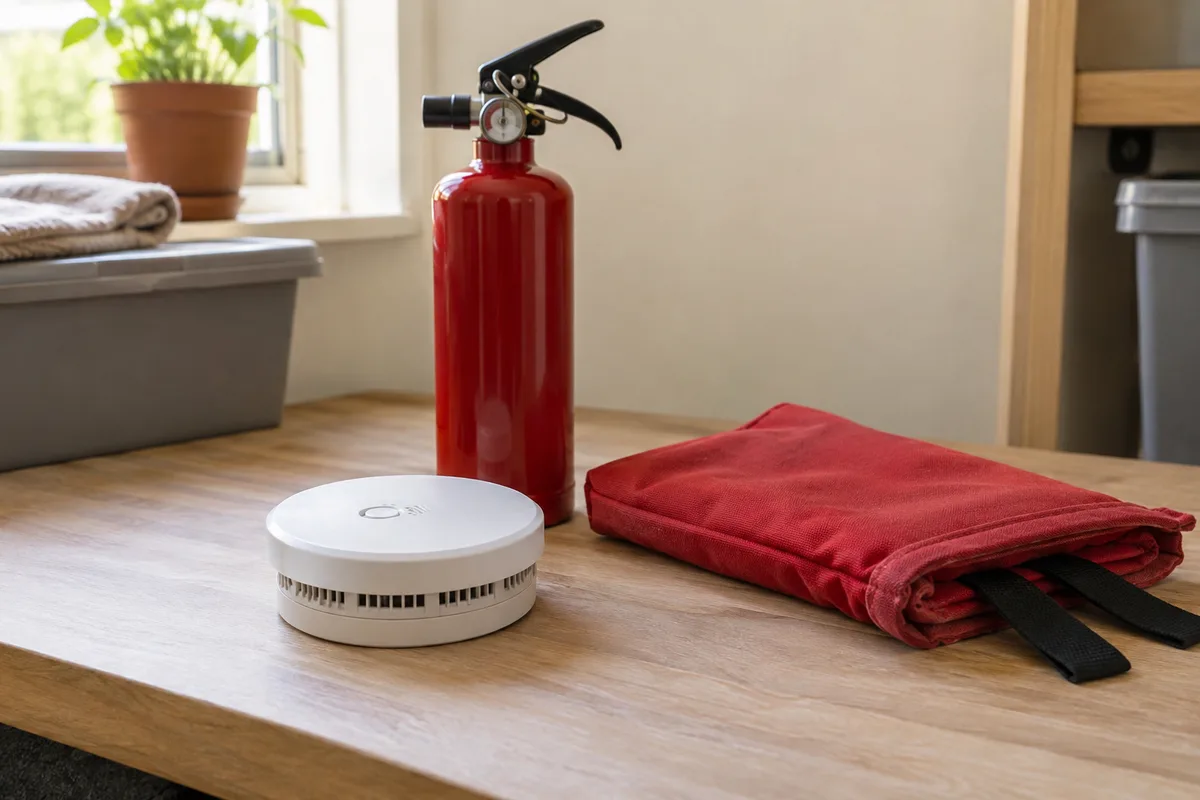 Smoke alarm, fire extinguisher and folded fire blanket pouch on a work surface.