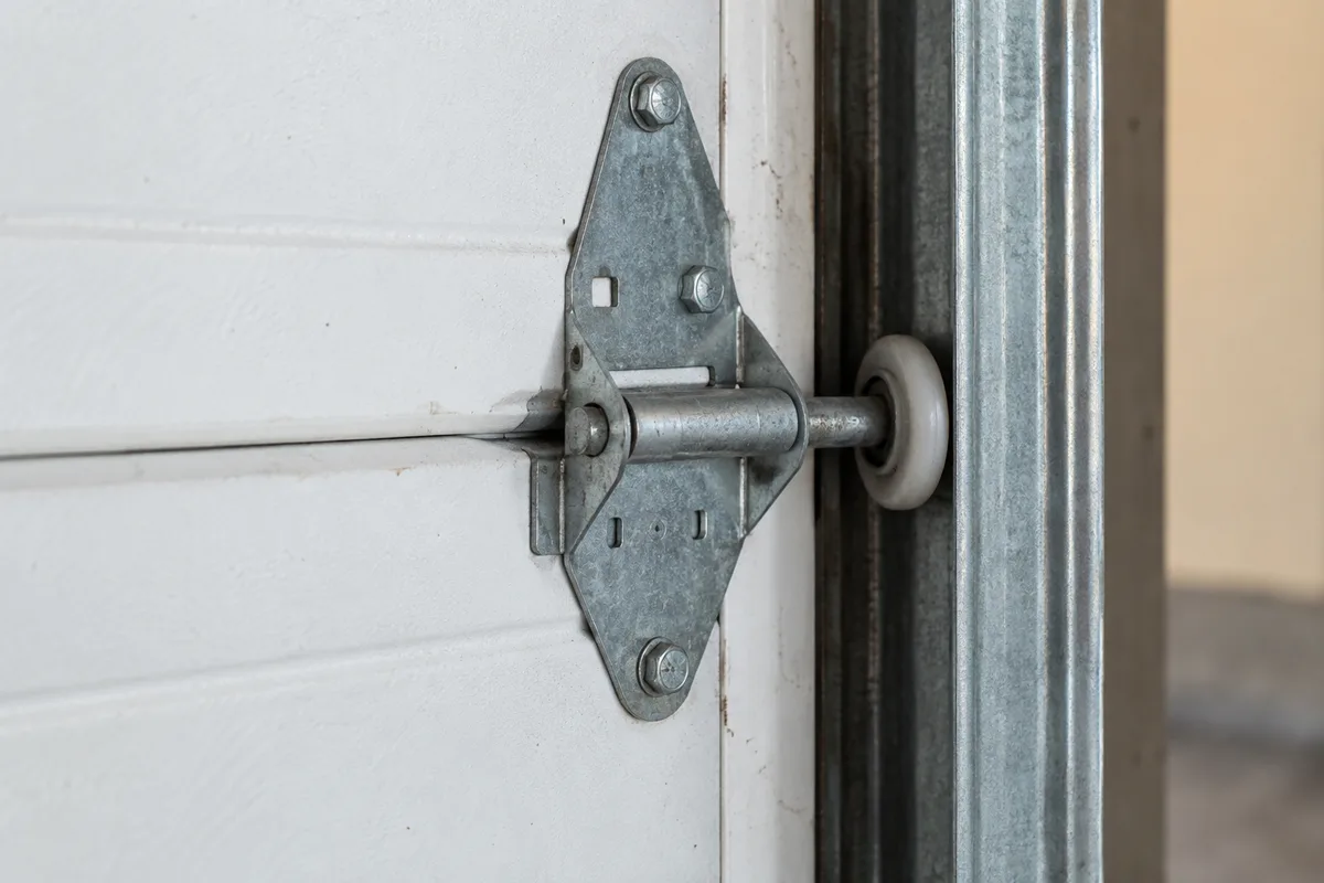 Close view of a metal garage-door hinge and roller.