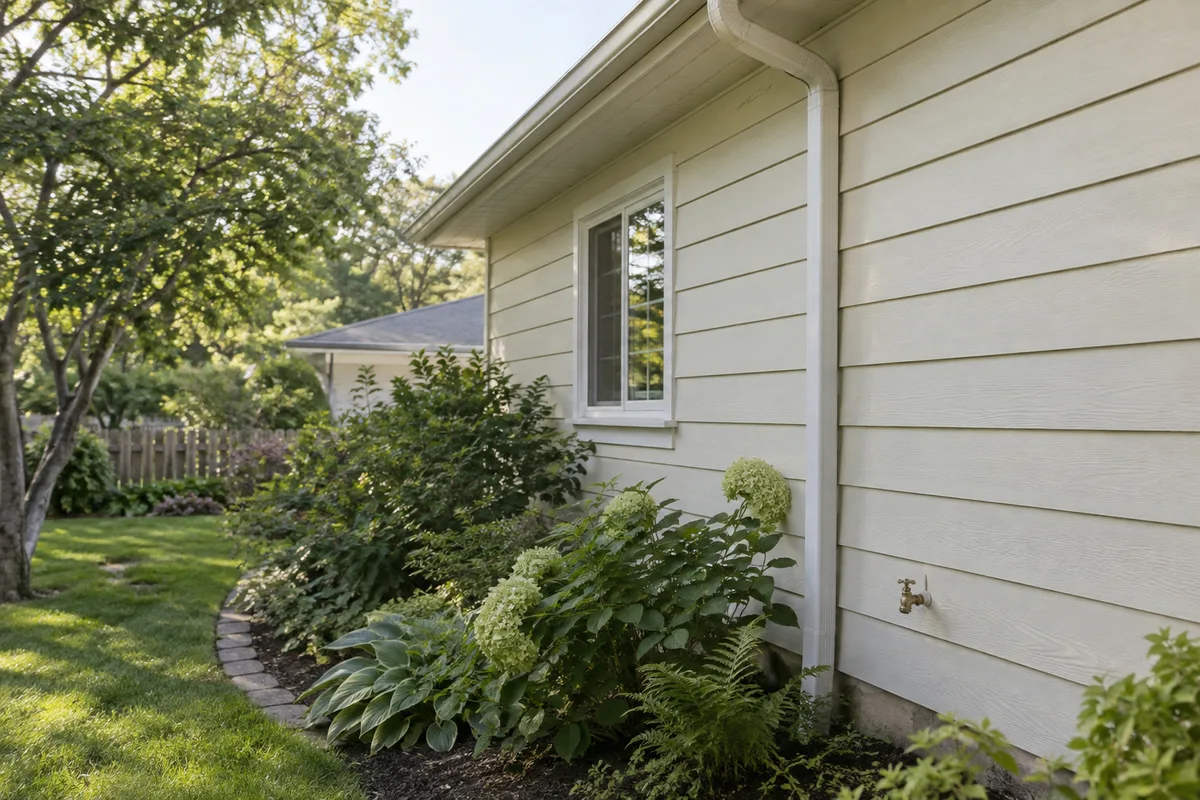 Gutters and an outdoor faucet along the garden side of a house.