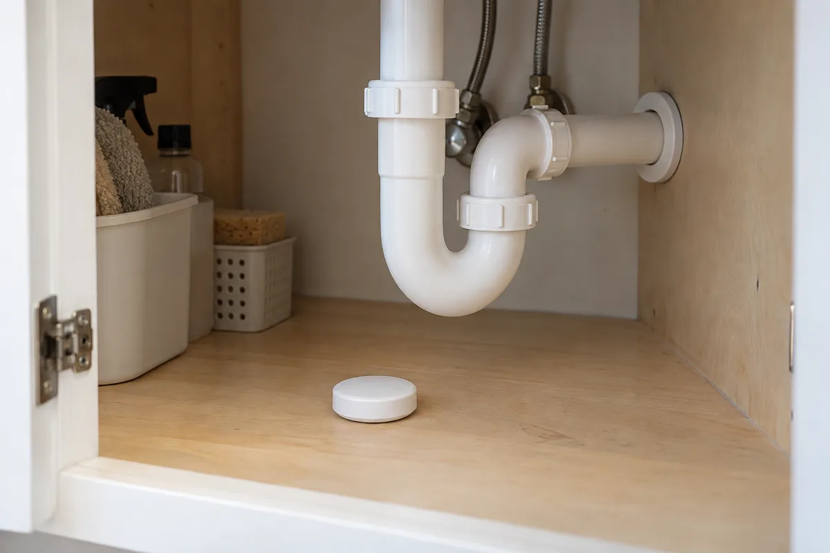 Water sensor on a dry cabinet floor beneath sink plumbing.