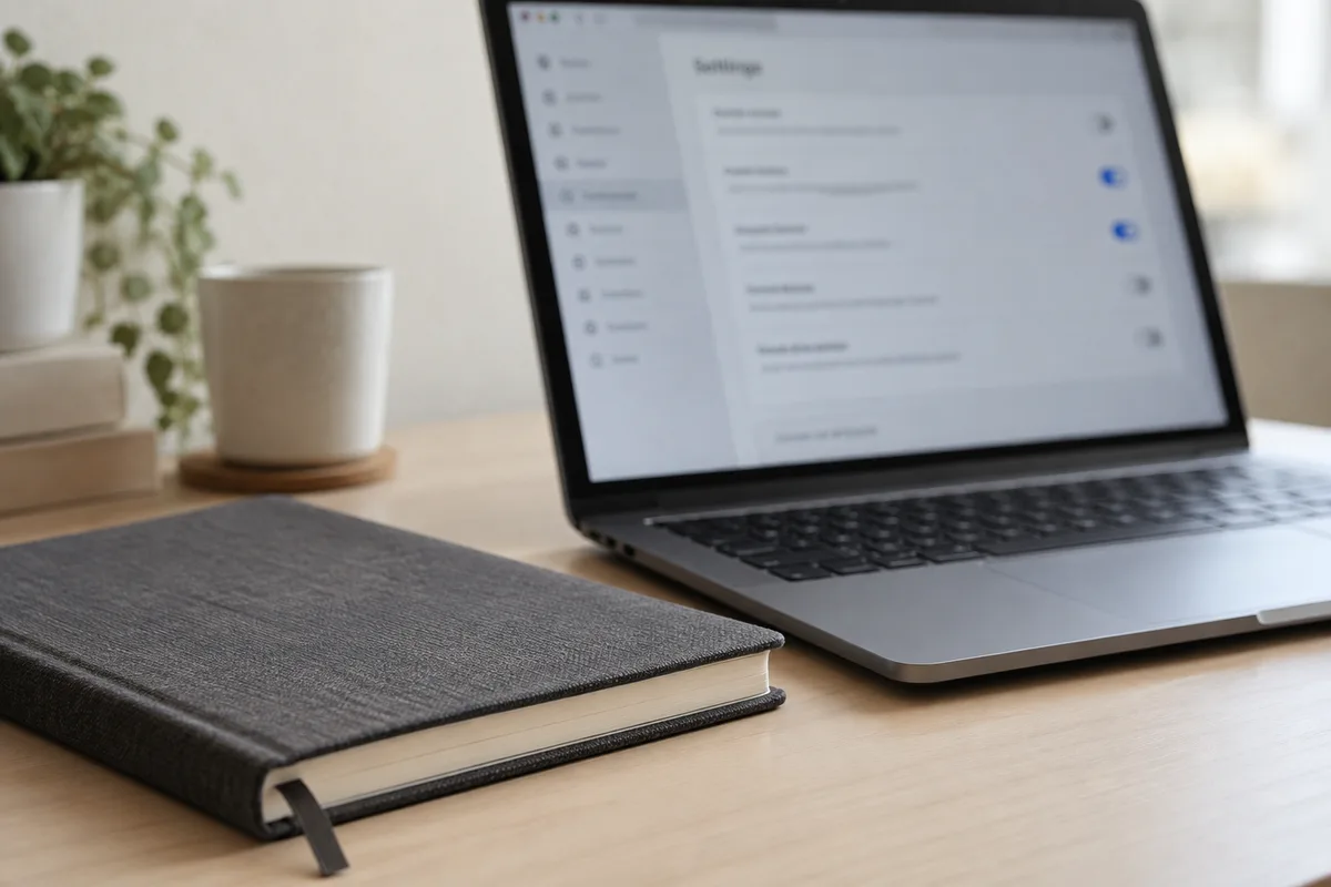 Laptop with a softly blurred browser settings page beside a closed notebook.