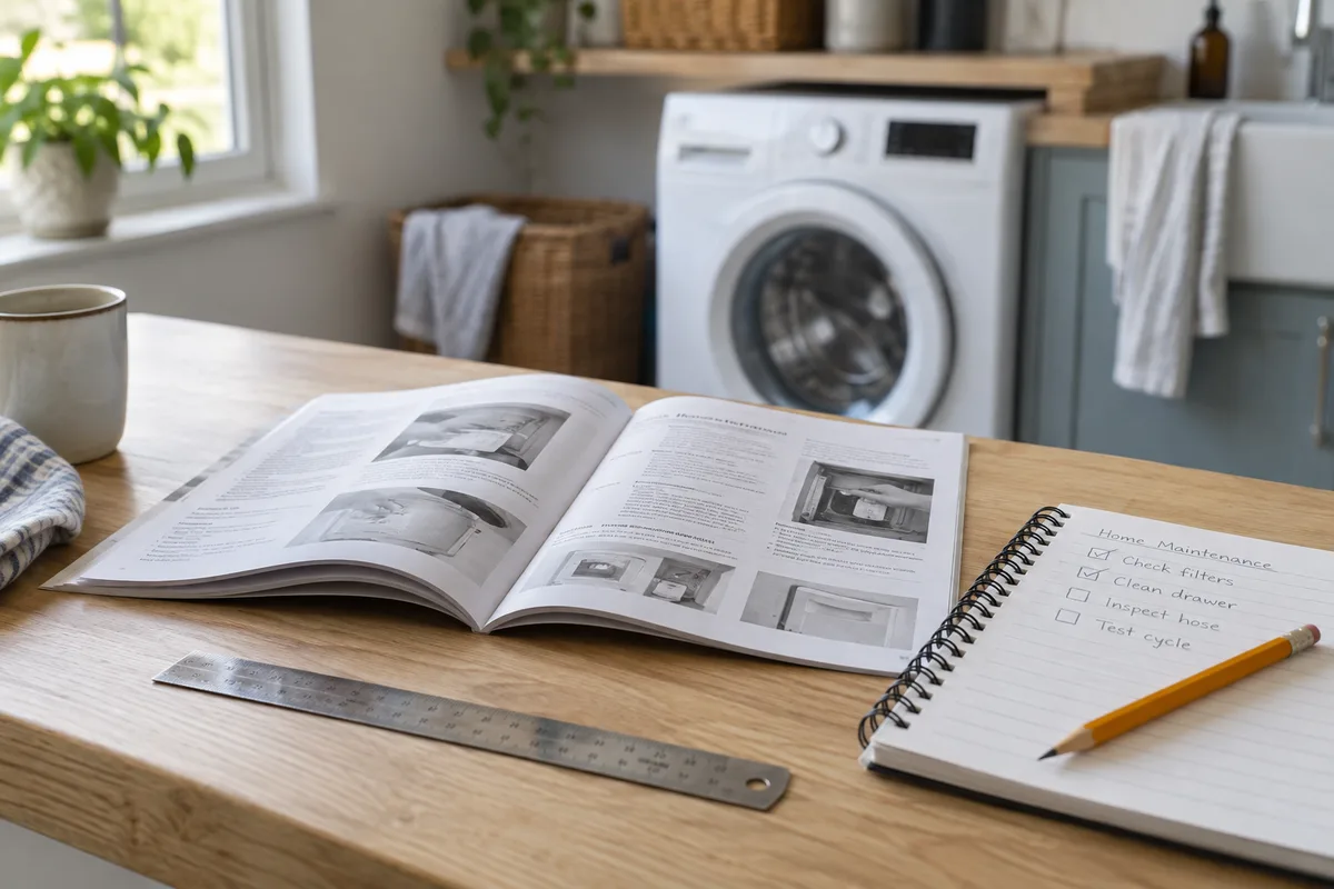 Open appliance manual, maintenance notebook, pencil and ruler on a laundry-room counter.