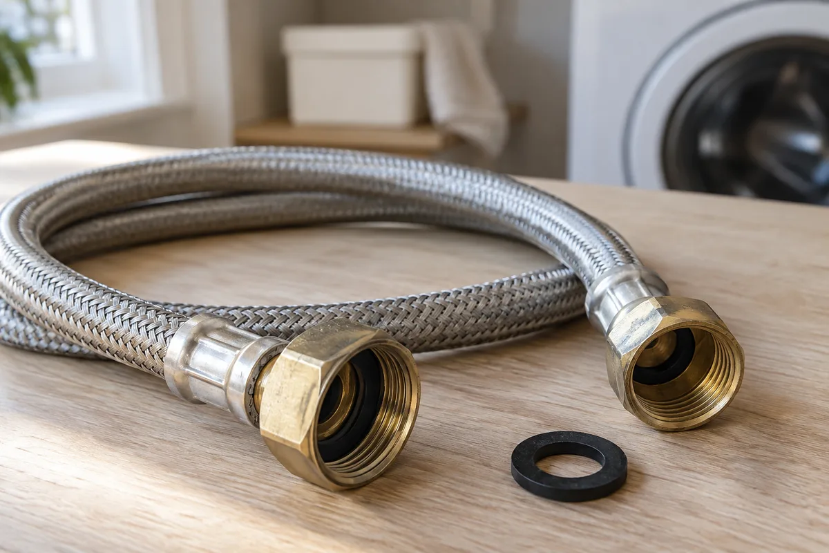 Braided water supply hose with brass threaded fittings and a rubber washer.