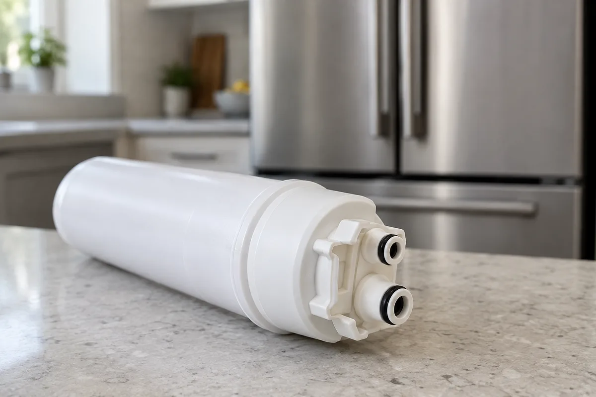 Close view of a refrigerator filter cartridge and its connection head.