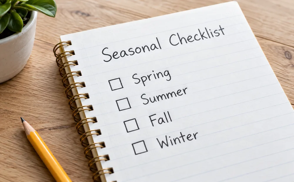 Seasonal checklist notebook with Spring, Summer, Fall and Winter checkboxes
